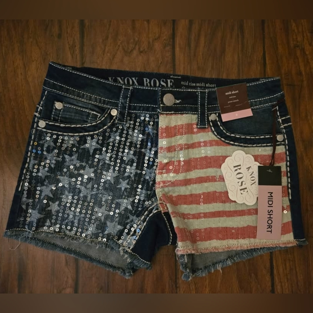 Knox Rose Women's American Flag Sequin Denim Midi Shorts - Blue & Red - Size 8
